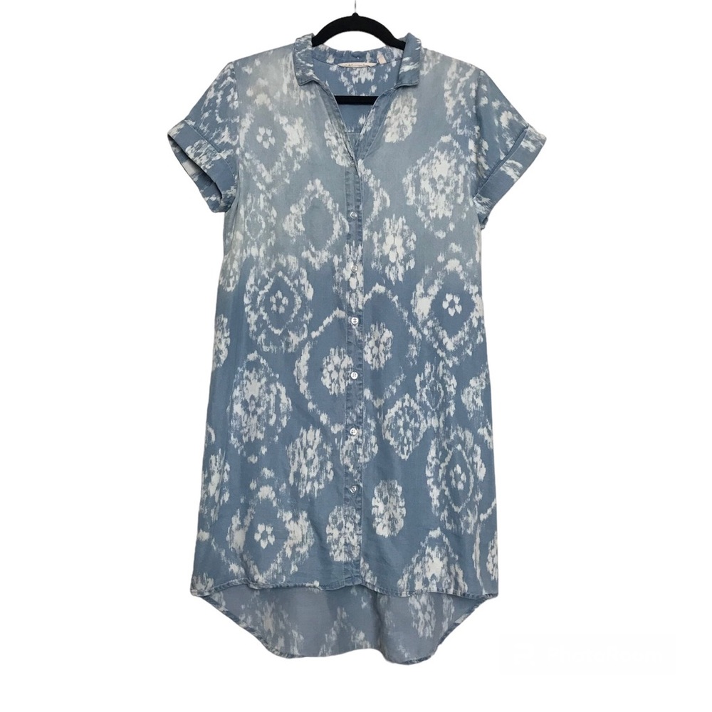 Soft Surroundings Blue Floral Ombré Button Up Chambray Shirt Dress Size XS Boho